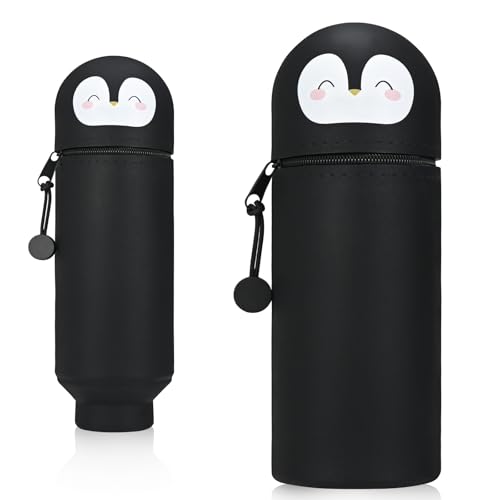 KOOOGEAR 2-in-1 Silikon Federmäppchen,Kawaii Federmäppchen,Mäppchen,Stand Up Federmäppchen,Tier Stifthalter, Stifthalter Bleistifttasche Mädchen Junge (Schwarzer Pinguin) von KOOOGEAR