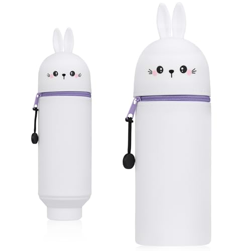 KOOOGEAR 2-in-1 Silikon Federmäppchen,Kawaii Federmäppchen,Mäppchen,Stand Up Federmäppchen,Tier Stifthalter, Stifthalter Bleistifttasche Mädchen Junge (Weißes Kaninchen) von KOOOGEAR