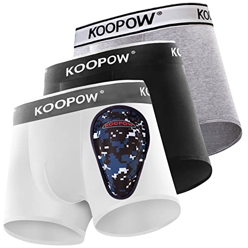 KOOPOW 2er-Pack Kompressionsslips für Jungen mit weichen schützenden athletischen Körbchen, Jugend Peewee Unterwäsche für Baseball, Fußball, Schwarz/Weiß/Grau (3er-Pack), M von KOOPOW