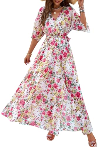 KOOSUFA Blumenkleid Damen Boho Kleider Lang Sommerkleid V-Ausschnitt Halbarm Strandkleider A Linie Maxikleid Freizeitkleid mit Gürtel Rosa, M von KOOSUFA