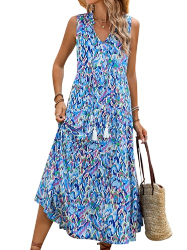 KOOSUFA Damen Boho Kleid Lang Ärmellos Sommerkleid Blumenkleid V-Ausschnitt Urlaubskleid Freizeitkleider A-Linie Sommer Kleider Midikleid Rüschenkleid Strandkleid mit Quasten Blau, L KOOSUFA Damen Boho Kleid Lang Ärmellos Sommerkleid Blumenkleid V-Ausschnitt Urlaubskleid Freizeitkleider A-Linie Sommer Kleider Midikleid Rüschenkleid Strandkleid mit Quasten Blau, L von KOOSUFA
