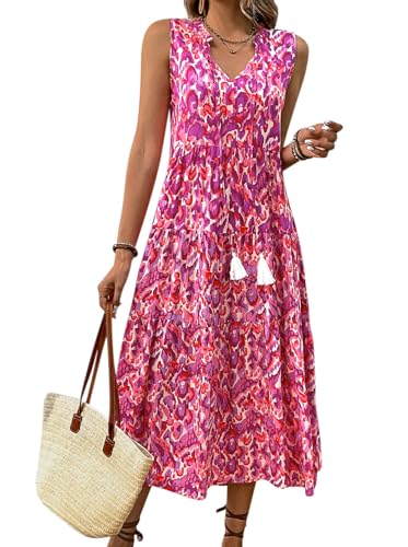 KOOSUFA Damen Boho Kleid Lang Ärmellos Sommerkleid Blumenkleid V-Ausschnitt Urlaubskleid Freizeitkleider A-Linie Sommer Kleider Midikleid Rüschenkleid Strandkleid mit Quasten Rose, XL von KOOSUFA