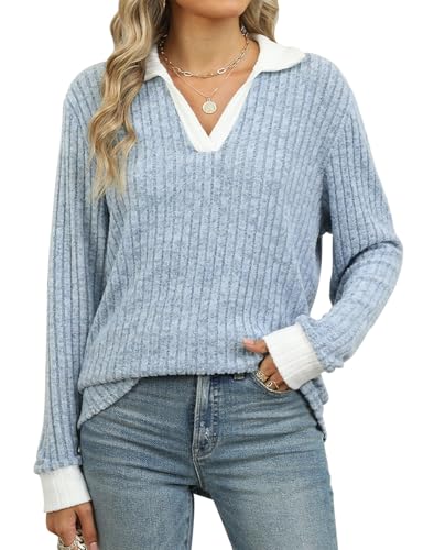 KOOSUFA Damen Dünner Pullover Rippstrick Herbst Outfit Longshirt Basic Oberteile Langarmshirt V-Ausschnitt Shirt Lightweight Langarm Tops Hellblau, XXL von KOOSUFA