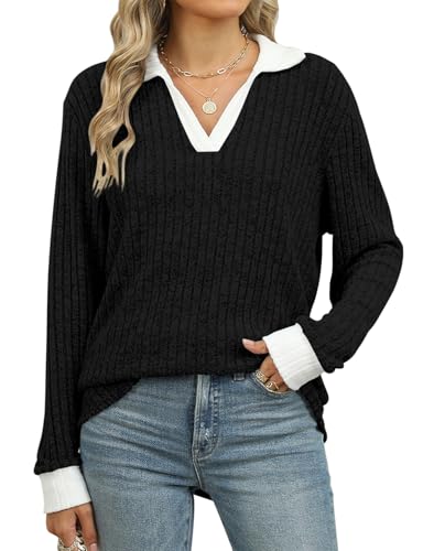 KOOSUFA Damen Dünner Pullover Rippstrick Herbst Outfit Longshirt Basic Oberteile Langarmshirt V-Ausschnitt Shirt Lightweight Langarm Tops Schwarz, XXL von KOOSUFA