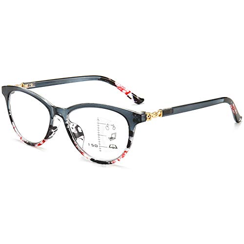 KOOSUFA Damen Gleitsichtbrille Progressive Multifokus Lesebrille Anti-Blaulicht Katzenauge Hornbrille Sehhilfe Lesehilfe Anti Müdigkeit Brille (1x Grau, 1.5, multiplier_x) von KOOSUFA