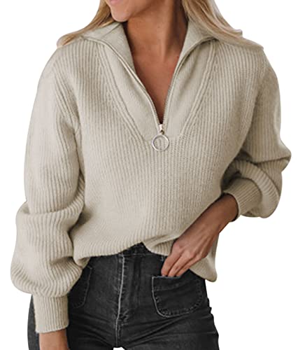 KOOSUFA Damen Herbst Winter Pullover Sweater Stehkragen Sweatshirt Strickpullover Oberteile Pulli Oversize Warm mit Halbreißverschluss (Solid-Khaki, XL) von KOOSUFA