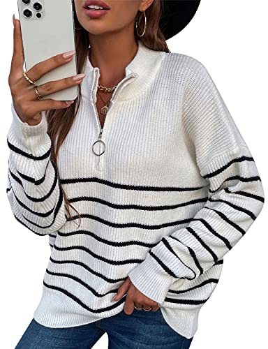 KOOSUFA Damen Herbst Winter Pullover Sweater Stehkragen Sweatshirt Strickpullover Oberteile Pulli Oversize Warm mit Halbreißverschluss (Streifen-weiß, M) von KOOSUFA