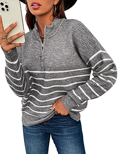 KOOSUFA Damen Herbst Winter Pullover Sweater Stehkragen Sweatshirt Strickpullover Oberteile Pulli Oversize Warm mit Halbreißverschluss (Streifen-grau, L) von KOOSUFA