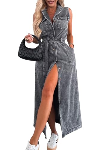 KOOSUFA Damen Jeanskleid Ärmellos Langes Denim Kleid Button Down Jeanshemdkleid Sommerkleid Maxikleid Freizeitkleider Hemdkleider Wickelkleid mit Gürtel & Taschen Schwarz, L von KOOSUFA