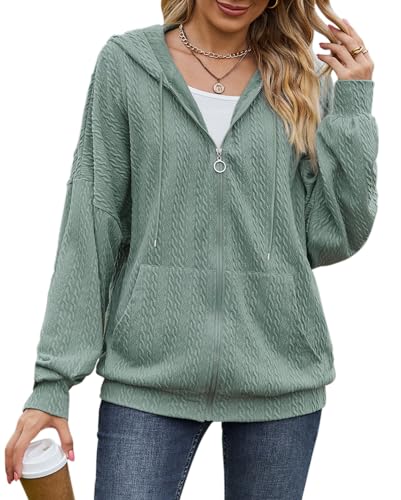 KOOSUFA Damen Kapuzenjacke Sweatjacke Oversize Hoodie Kapuzenpullover mit Reißverschluss Sportjacke Twist-Streifen Lockere Sweatshirtjacke mit Kordelzug&Taschen Grün, XL von KOOSUFA