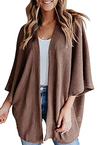 KOOSUFA Damen Kimono Cardigan Strickjacke Dünn Waffelstrick Strickmantel Locker Lässig 3/4 Weite Ärmel Strickcardigan Oversized Kaffee S von KOOSUFA