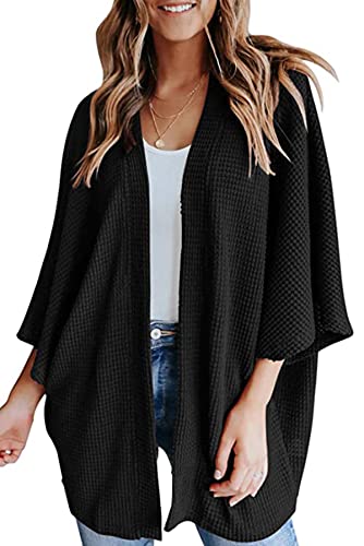 KOOSUFA Damen Kimono Cardigan Strickjacke Dünn Waffelstrick Strickmantel Locker Lässig 3/4 Weite Ärmel Strickcardigan Oversized S M L XL XXL Schwarz M von KOOSUFA