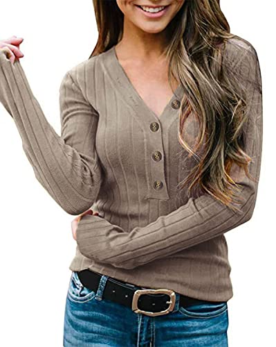 KOOSUFA Damen Langarm Pullover mit Knöpfen Basic Oberteile Langarmshirt Herbst Outfit V-Ausschnitt Shirt Tops Khaki L von KOOSUFA