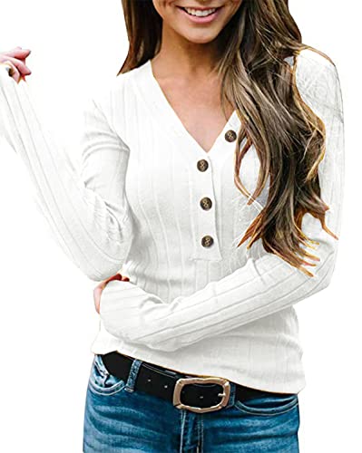 KOOSUFA Damen Langarm Pullover mit Knöpfen Basic Oberteile Langarmshirt Herbst Outfit V-Ausschnitt Shirt Tops Weiß M von KOOSUFA