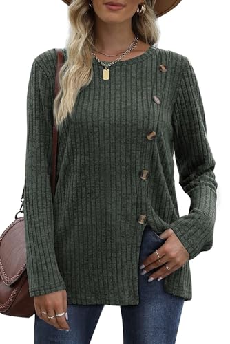 KOOSUFA Damen Pullover Tunika Langarmshirt Knopfverzierung Rundhals Oberteile Pulli Frühling Herbst Outfit Basic T-Shirt Bluse Casual Langarm Tops Grün XXL von KOOSUFA