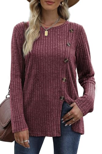 KOOSUFA Damen Pullover Tunika Langarmshirt Knopfverzierung Rundhals Oberteile Pulli Frühling Herbst Outfit Basic T-Shirt Bluse Casual Langarm Tops Weinrot L von KOOSUFA