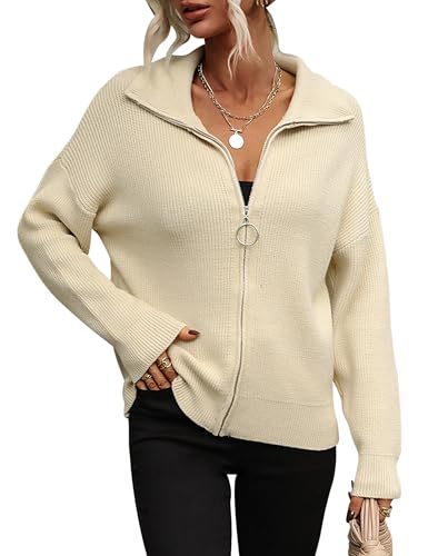 KOOSUFA Damen Rollkragen Strickjacke mit Reißverschluss Sweatjacke Herbst Winter Strickpullover Strick Pulli Tops Freizeitjacke Beige M von KOOSUFA