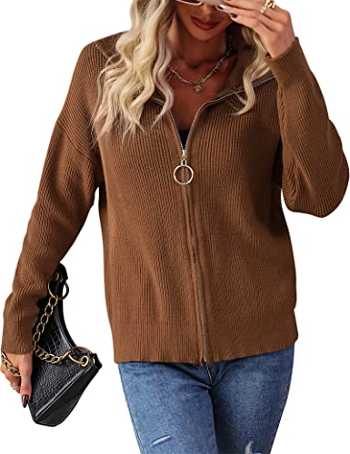 KOOSUFA Damen Rollkragen Strickjacke mit Reißverschluss Sweatjacke Herbst Winter Strickpullover Strick Pulli Tops Freizeitjacke Braun M von KOOSUFA