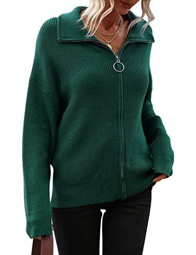 KOOSUFA Damen Rollkragen Strickjacke mit Reißverschluss Sweatjacke Herbst Winter Strickpullover Strick Pulli Tops Freizeitjacke Grün M von KOOSUFA