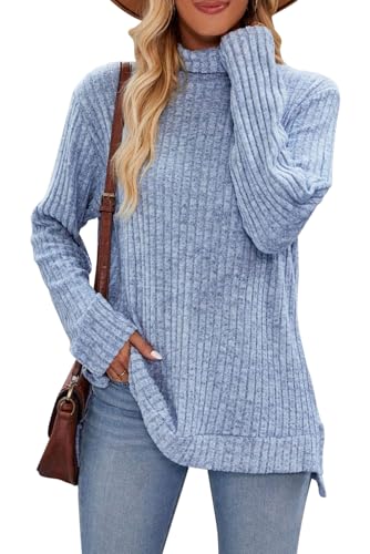 KOOSUFA Damen Rollkragenpullover Sweater Tunika Langarmshirt Oberteile Pulli Frühling Herbst Winter Outfit Casual Langarm Tops mit Schlitz Hellblau, M von KOOSUFA