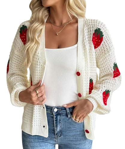 KOOSUFA Damen Strickjacke Kurz Strick Cardigan mit Erdbeer-Stickerei Casual Grobstrick Erdbeerenjacke V-Ausschnitt Knopfleiste Strickpullover für Frühling Herbst Winter Beige, S von KOOSUFA
