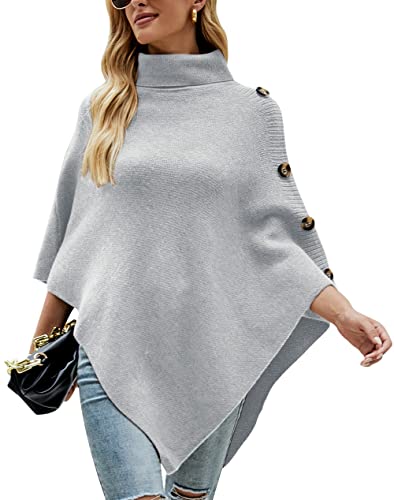 KOOSUFA Damen Strickponcho Rollkragen Gestrickter Poncho mit Dekorativen Knöpfen Strick Pullover Poncho Cape Einheitsgröße Grau von KOOSUFA