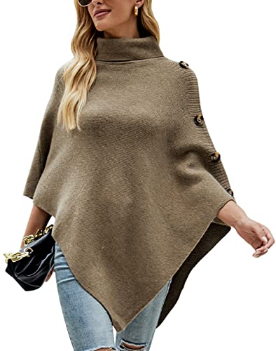 KOOSUFA Damen Strickponcho Rollkragen Gestrickter Poncho mit Dekorativen Knöpfen Strick Pullover Poncho Cape Einheitsgröße Khaki von KOOSUFA