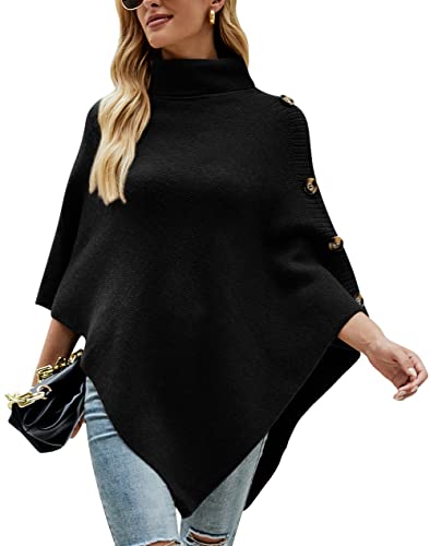 KOOSUFA Damen Strickponcho Rollkragen Gestrickter Poncho mit Dekorativen Knöpfen Strick Pullover Poncho Cape Einheitsgröße Schwarz von KOOSUFA