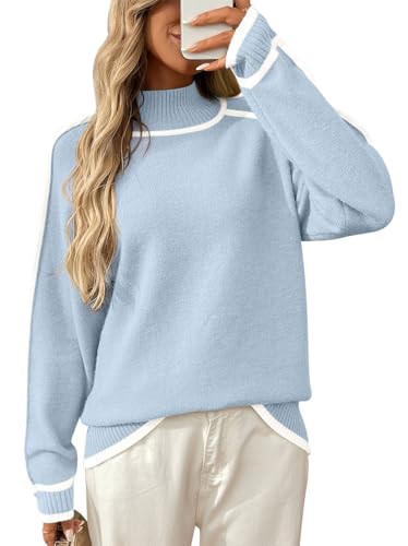 KOOSUFA Damen Strickpullover mit Stehkragen Winter Pullover Strickpulli Warm Sweater Kontrastierender Langarm Sweatshirts mit Streifen Hellblau, XL von KOOSUFA