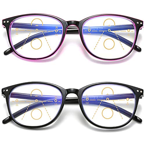 KOOSUFA Gleitsichtbrille Progressive Multifokus Lesebrille Damen Herren Anti-Blaulicht Sehhilfe Retro Lesehilfe Anti Müdigkeit Brille (2 Farben Set, 2.0) von KOOSUFA