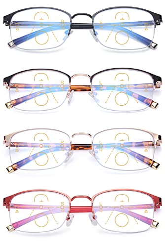 KOOSUFA Gleitsichtbrille Progressive Multifokus Lesebrille Herren Damen Edelstahl Metallrahmen Anti-Blaulicht Lesebrillen Halbrahmen Arbeitsplatzbrille Lesehilfe Sehhilfe 4 Farben Set, 3.0 von KOOSUFA