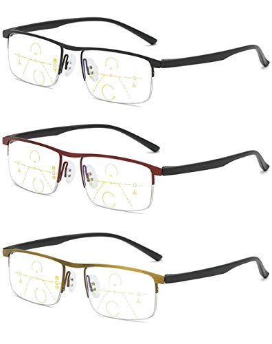 KOOSUFA Gleitsichtbrille Progressive Multifokus Lesebrille Herren Damen Metallrahmen Anti-Blaulicht Lesebrille Lesehilfe Sehhilfe Halbrandbrille 1.0 1.5 2.0 2.5 3.0 3.5 4.0 (3 Farben Set, 1.5) von KOOSUFA