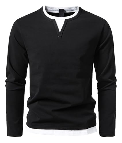 KOOSUFA Herren Langarmshirt Longsleeve Rundhals Double Layer V-Ausschnitt Look Langarm T-Shirt Baumwollmischung Atmungsaktiv Regular fit Schwarz L von KOOSUFA