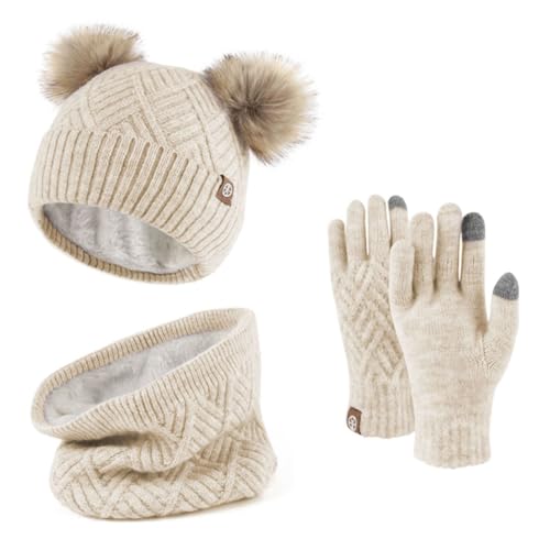KOOSUFA Kinder Wintermütze Schal Handschuhe Set Mädchen Jungen Wollmütze Strickmütze Schlaufenschal Touchscreen Handschuhe Warme Bommelmütze mit Fleecefutter Warmes Zubehör für 6-10 Jahre Beige von KOOSUFA