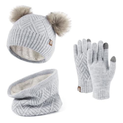 KOOSUFA Kinder Wintermütze Schal Handschuhe Set Mädchen Jungen Wollmütze Strickmütze Schlaufenschal Touchscreen Handschuhe Warme Bommelmütze mit Fleecefutter Warmes Zubehör für 6-10 Jahre Grau von KOOSUFA