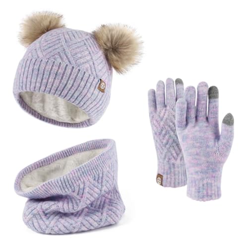 KOOSUFA Kinder Wintermütze Schal Handschuhe Set Mädchen Jungen Wollmütze Strickmütze Schlaufenschal Touchscreen Handschuhe Warme Bommelmütze mit Fleecefutter Warmes Zubehör für 6-10 Jahre Lila von KOOSUFA