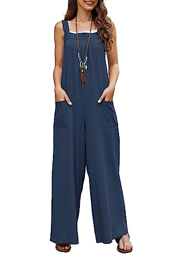 KOOSUFA Latzhose Damen Sommer Weites Bein Baumwolle Overall Jumpsuit Ärmellos Baggy Sommerhose Freizeithose Locker Hose Playsuit Romper mit Taschen Dunkelblau, M von KOOSUFA