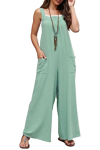 KOOSUFA Latzhose Damen Sommer Weites Bein Baumwolle Overall Jumpsuit Ärmellos Baggy Sommerhose Freizeithose Locker Hose Playsuit Romper mit Taschen Hellgrün, L von KOOSUFA