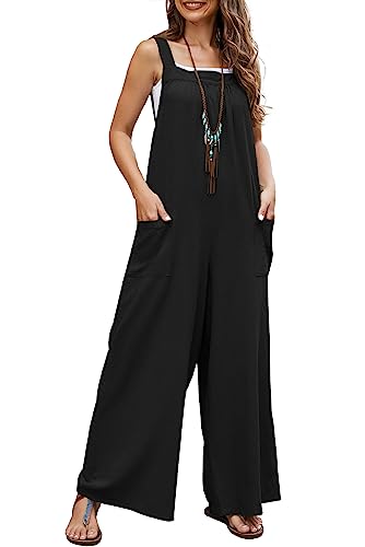 KOOSUFA Latzhose Damen Sommer Weites Bein Baumwolle Overall Jumpsuit Ärmellos Baggy Sommerhose Freizeithose Locker Hose Playsuit Romper mit Taschen Schwarz, S von KOOSUFA