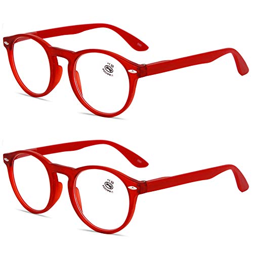 KOOSUFA Lesebrille Herren Damen Retro Runde Nerdbrille Lesehilfen Sehhilfe Federscharniere Vollrandbrille Anti Müdigkeit Brille mit Stärke 1.0 1.5 2.0 2.5 3.0 3.5 4.0 (2x Rot, 3.0) von KOOSUFA