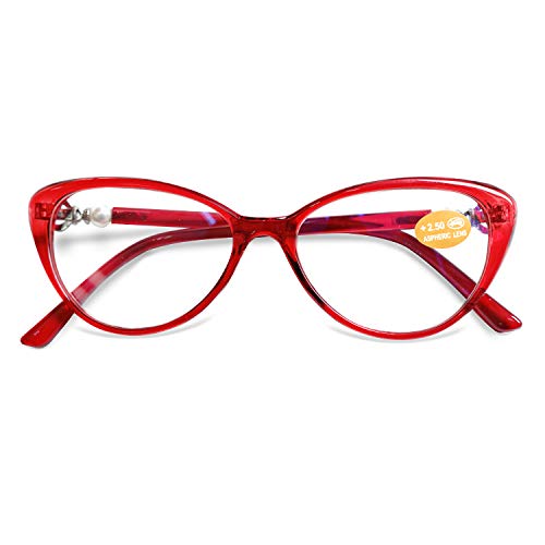 KOOSUFA Lesebrille Katzenaugen Damen Vintage Mode Cateye Hornbrille Lesehilfen Sehhilfe Retro Designer Vollrandbrille mit Stärke 1.0 1.5 2.0 2.5 3.0 3.5 (Rot, 3.0) von KOOSUFA