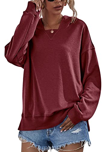 KOOSUFA Mode Damen Kapuzenpullover mit Fleece Oversize Sweatshirt Pullover mit Kapuze Outfit Kapuzenpulli Hoodie Tops Weinrot M von KOOSUFA