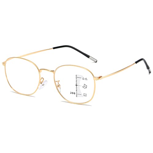 KOOSUFA Mode Runde Gleitsicht Lesebrille Gleitsichtbrille Progressive Multifokus Anti-Blaulicht Herren Damen Ultra Leicht Metallrahmen Arbeitsplatzbrille Lesehilfe 1x Gold, 3.0 von KOOSUFA