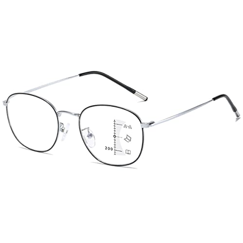 KOOSUFA Mode Runde Gleitsicht Lesebrille Gleitsichtbrille Progressive Multifokus Anti-Blaulicht Herren Damen Ultra Leicht Metallrahmen Arbeitsplatzbrille Lesehilfe 1x Schwarz silber, 1.5 von KOOSUFA