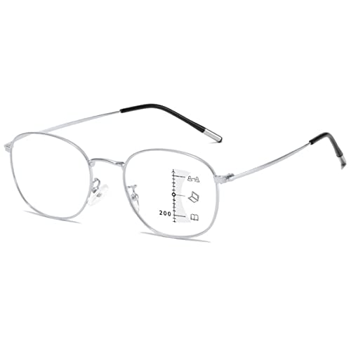 KOOSUFA Mode Runde Gleitsicht Lesebrille Gleitsichtbrille Progressive Multifokus Anti-Blaulicht Herren Damen Ultra Leicht Metallrahmen Arbeitsplatzbrille Lesehilfe 1x Silber 2.0 von KOOSUFA