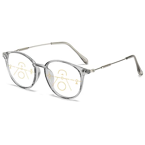 KOOSUFA Mode Runde Gleitsichtbrille Progressive Multifokus Anti-Blaulicht Lesebrille Damen Herren Computerbrille Arbeitsplatzbrille Metallbügel Lesehilfe Sehhilfe Durchsichtig Grau 2.0 von KOOSUFA