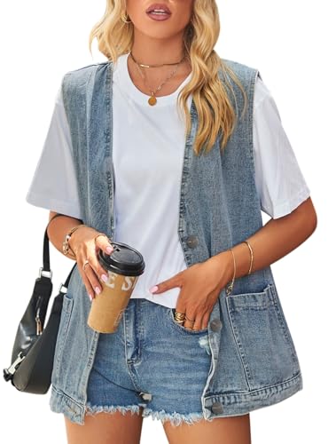 KOOSUFA Oversize Jeansweste Damen Ärmellose Jeansjacke Loose Fit Denim Weste V-Ausschnitt Knopfleiste mit Taschen Hellblau, S von KOOSUFA