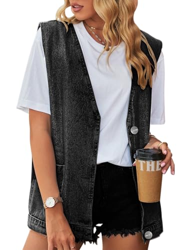 KOOSUFA Oversize Jeansweste Damen Ärmellose Jeansjacke Loose Fit Denim Weste V-Ausschnitt Knopfleiste mit Taschen Schwarz, S von KOOSUFA