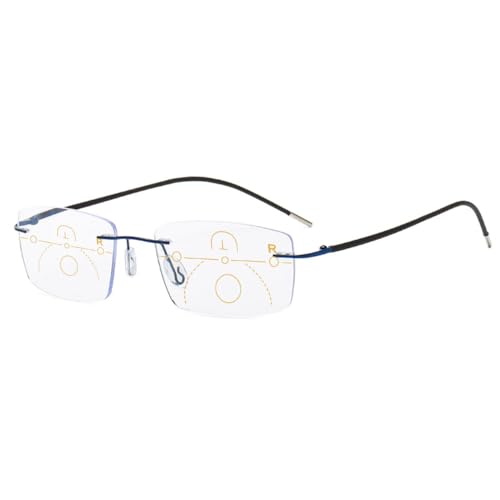 KOOSUFA Randlose Gleitsicht Lesebrille Gleitsichtbrille Progressive Multifokus Anti-Blaulicht Lesebrillen Herren Damen Titanlegierung Rahmenlose Arbeitsplatzbrille Blau 1.5 von KOOSUFA