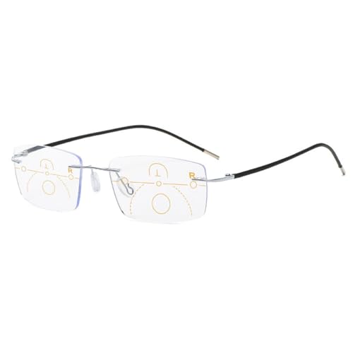 KOOSUFA Randlose Gleitsicht Lesebrille Gleitsichtbrille Progressive Multifokus Anti-Blaulicht Lesebrillen Herren Damen Titanlegierung Rahmenlose Arbeitsplatzbrille Silber 2.0 von KOOSUFA